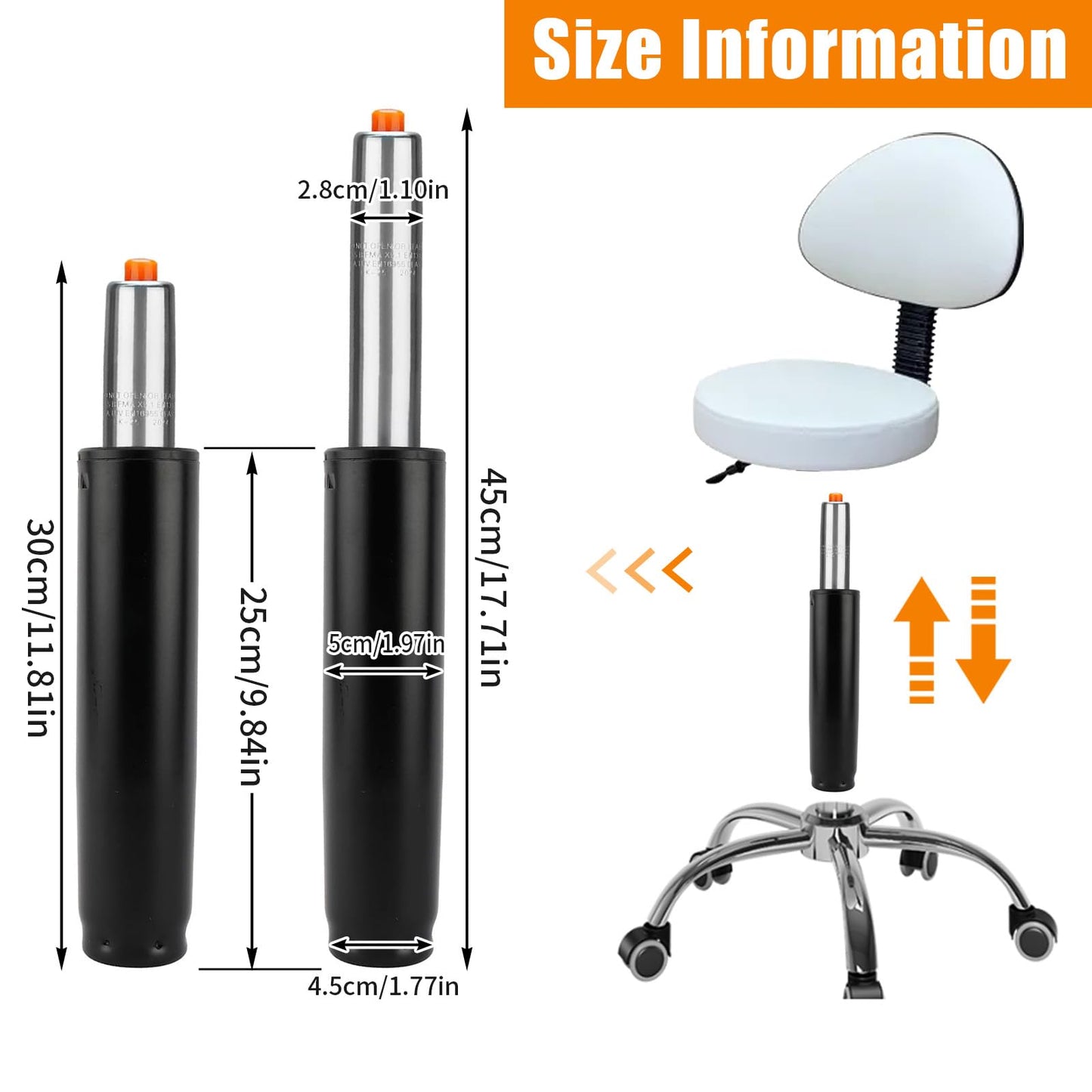 450 Lbs Office Chair Replacement Parts, Class 4 Hydraulic Pneumatic Piston, Black Heavy Duty Steel Gas Lift Cylinder