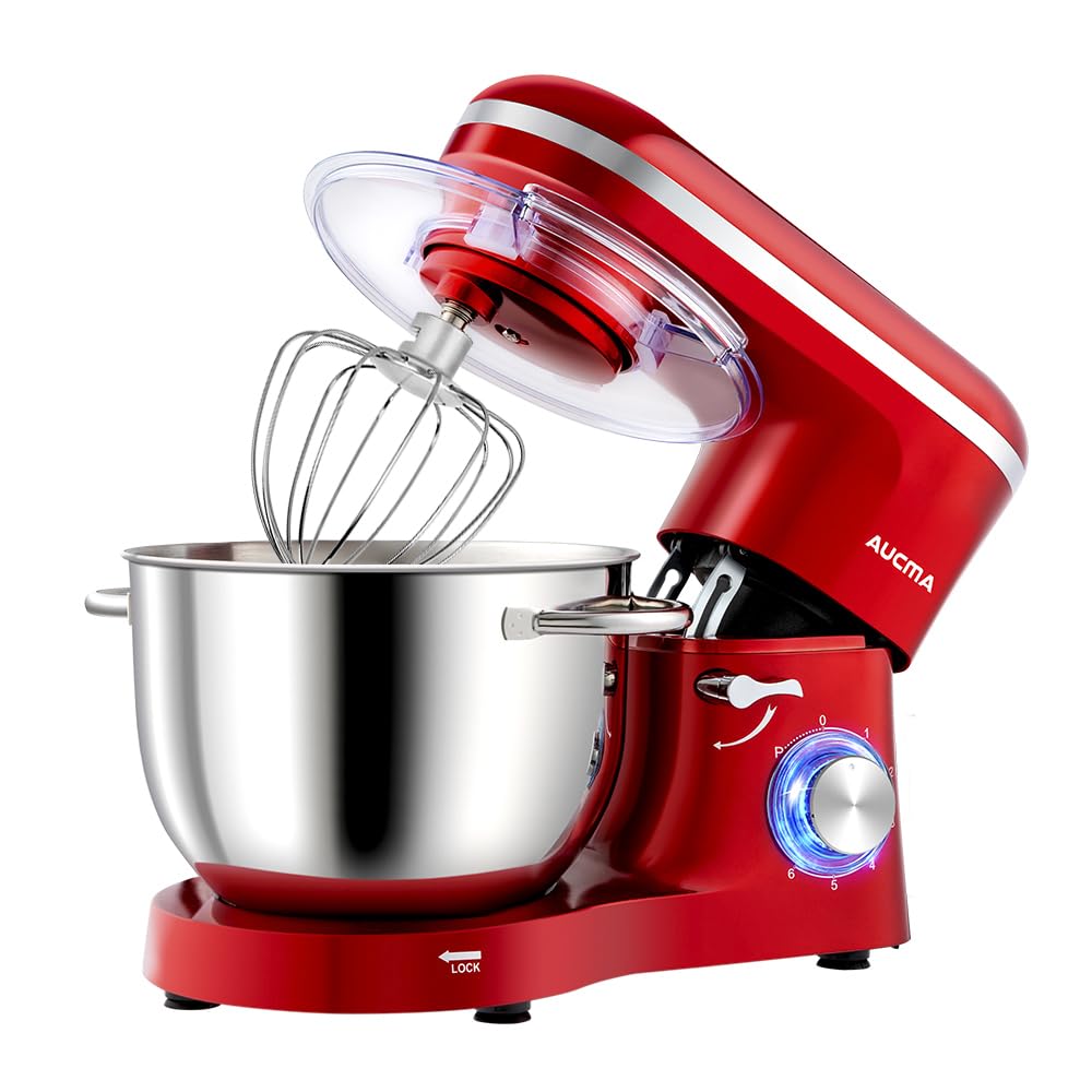 Aucma Stand Mixer, 6.2L Food Mixer 1400W Tilt-Head Electric Kitchen Mixer with Dough Hook, Wire Whip & Beater? 2 Layer Red Painting (6.2L, Red)