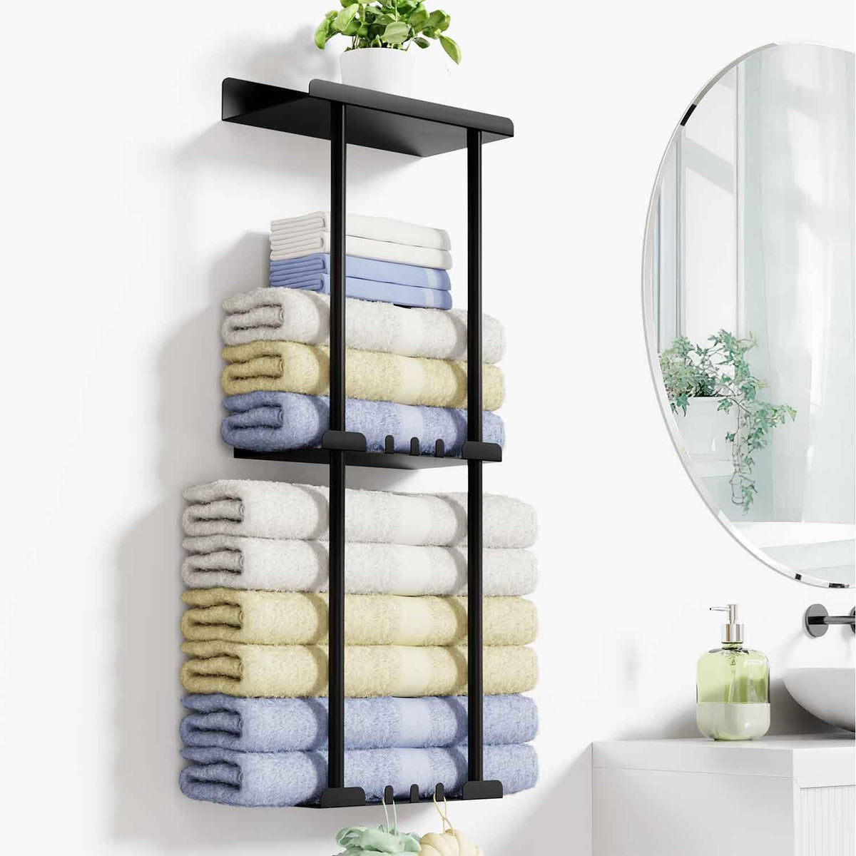 Wall Mounted Towel Rack with Shelf & 6 Hooks, Bathroom Organizer (Black)