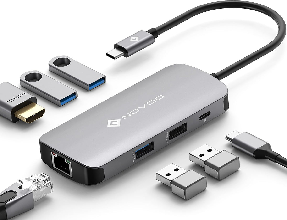 NOVOO USB C Hub Ethernet, 7 in 1 USB C Multiport Adapter, 4K@60Hz HDMI, 1Gbps Ethernet, 3 USB 3.0, USB 2.0, 100W PD, USB C Docking Station, USB-C Hub