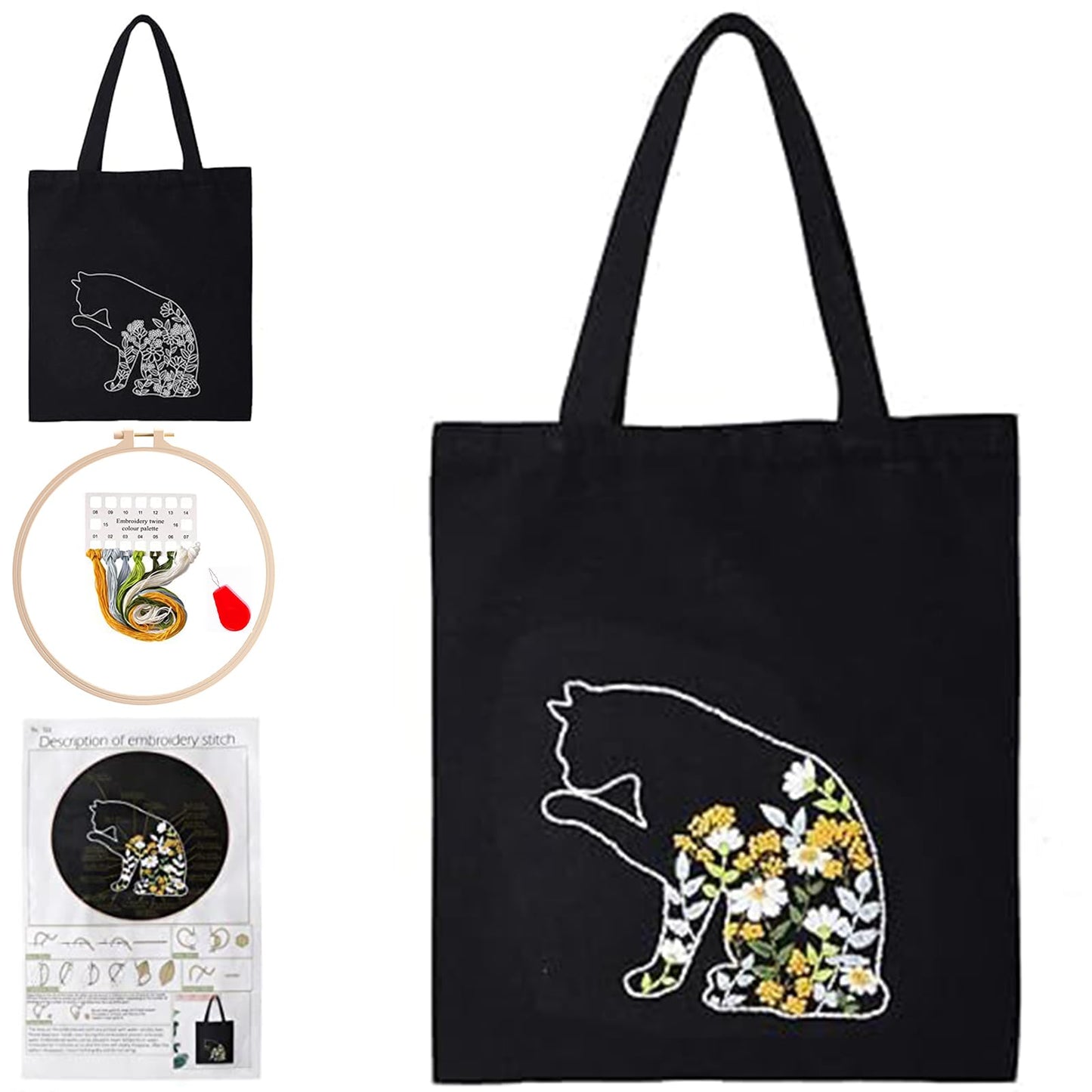 Smart-Feather Cat Embroidery Kit for Beginners Adults, Hand Embroidery Tote Bag Kit with Hoop and Patterns(B)