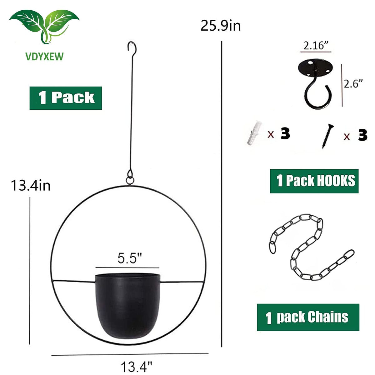 VDYXEW Metal Hanging Flower Pot, Hanging Planters for Indoor and Outdoor Plants with Metal Hooks, Hanging Basket for Home Decoration, Black (2 Pieces)