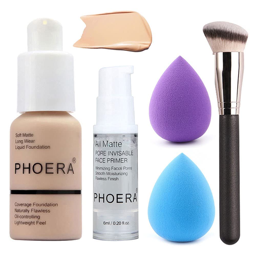 5PCS Liquid Foundation Set - Matte Liquid Full Coverage Foundation with Face Primer, Brush, Makeup Sponge Makeup Set (#102)