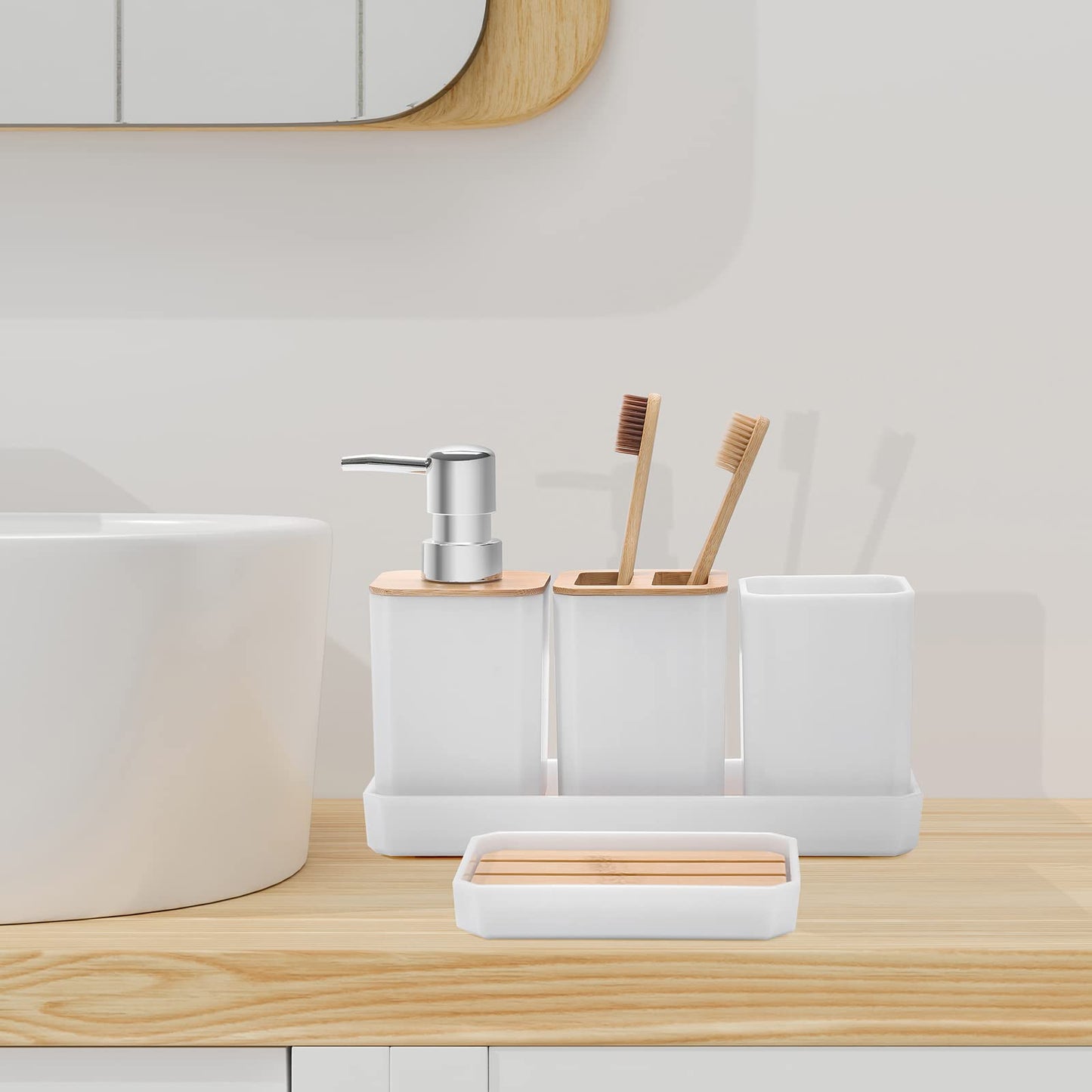FEILANDUO Bathroom Accessories Set,5 Pcs Bathroom Accessory Gift Set, Soap Dispenser, Soap Dish, Toothbrush Holder, Toothbrush Cup, Vanity Tray, Boho