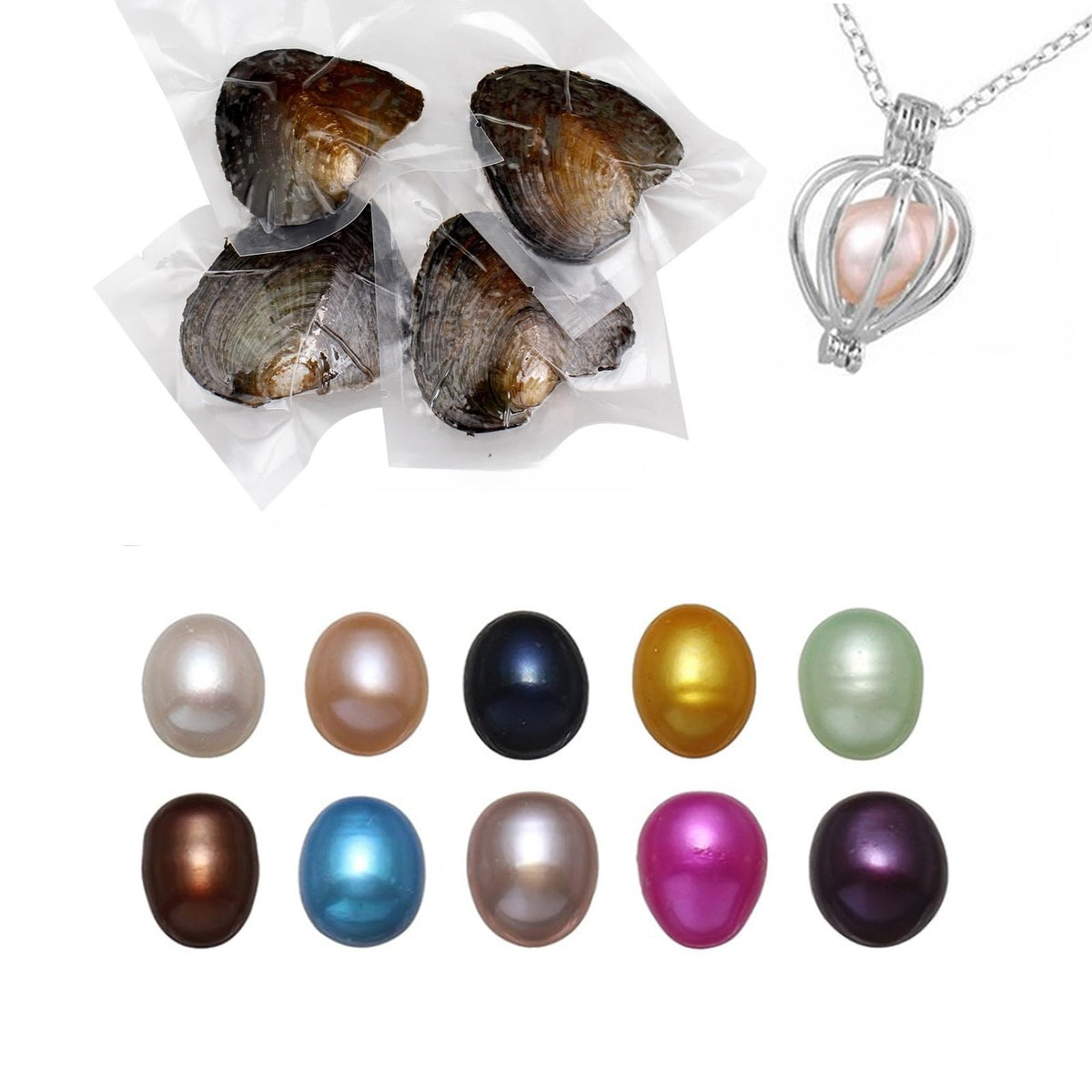 Kiss Me Natural Oyster Pearl With DIY Necklace Making Kit, Cage Locket Cultured Set, Surprise Gift for Wife, Girlfriend, Mother (Love 10PCs/ 7-8mm)