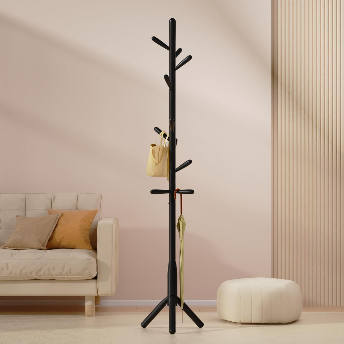 Awatiwa Solid Wood Coat Rack, Freestanding Tree-Shaped Coat Rack with 11 Hooks, Main Pole 1.6" dia for Clothes