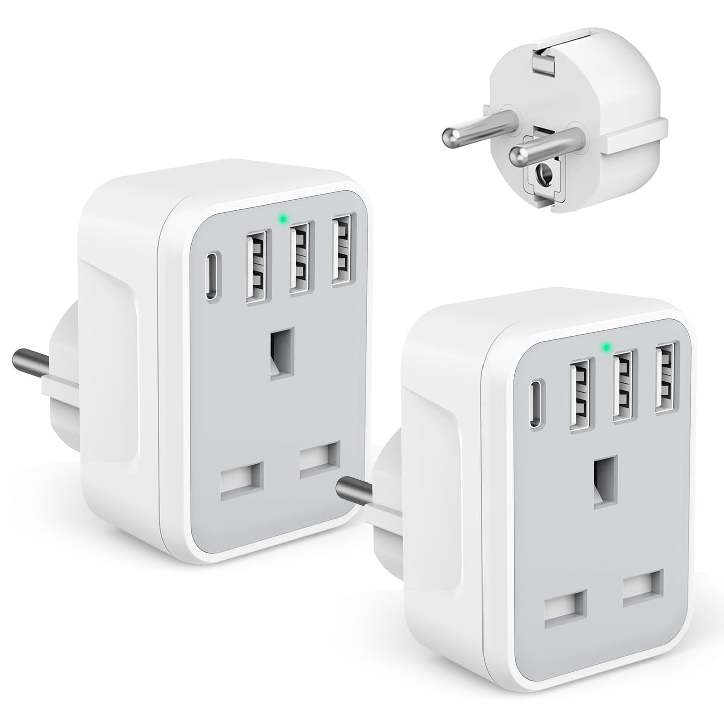 2 Pcak European to UK Plug Adaptor with 4 USB Ports(1 USB C), UK to EU Euro European Plug Adapter Grounded for Germany Spain France Iceland Greece