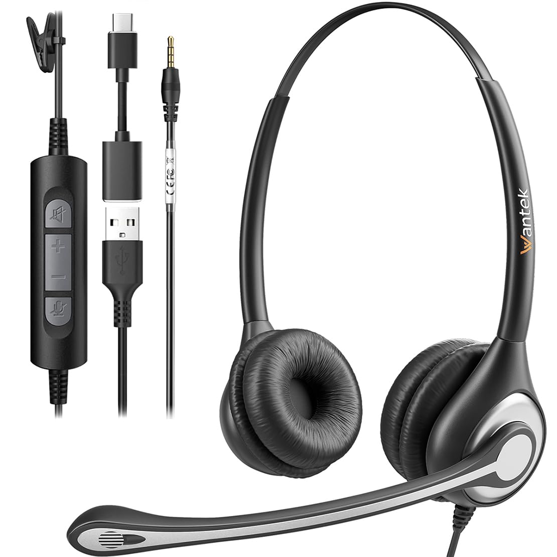 Wantek USB Headset With Microphone For Laptop, PC Headphones With Mic Noise Cancelling, Computer Headsets With In-Line Volume Control & Mute,