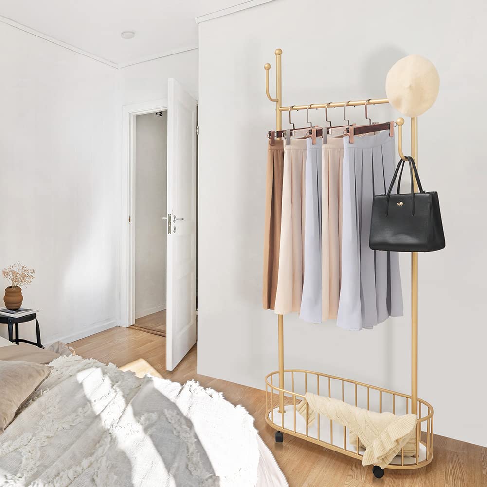Cre Cra Golden Clothing Rack with Wheels Rolling Clothes Rack with Storage Basket Metal Moveable Coat Rack Stand Modern Garment Rack for Hanging
