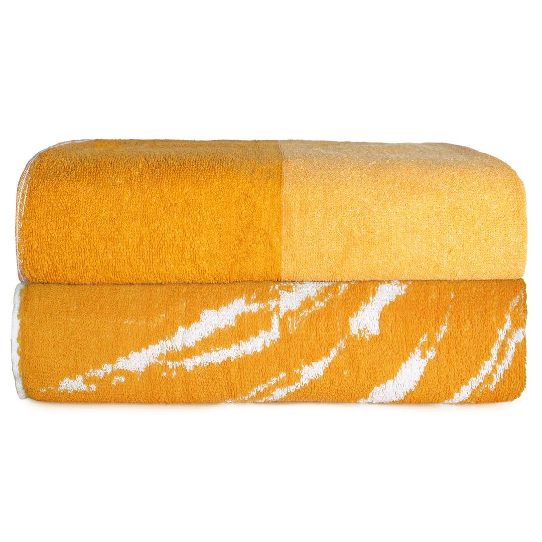 SweetNeedle Topical Palm Beach Towels for Adults Pack of 2 - Yellow Golden Glow - 100% Cotton Terry Ringspun Hotel Pool Bath Towel, Quick Dry, Low