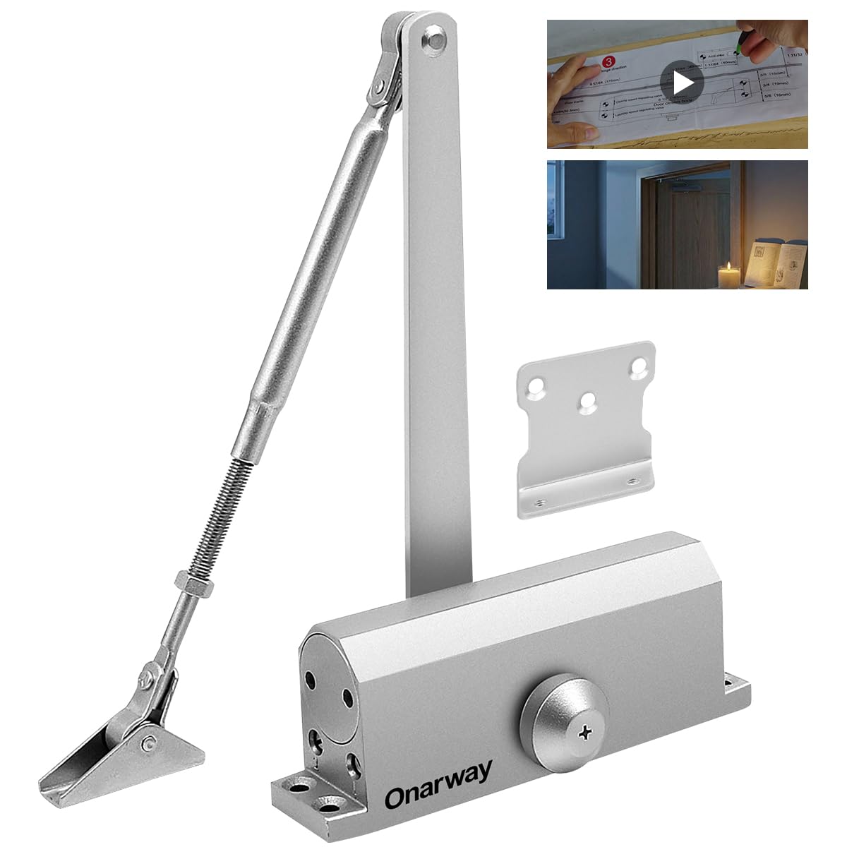 Onarway Automatic Door Closer Adjustable Spring Hydraulic Door Closure, Aluminum Alloy, Commercial Grade or Home Use for Door Weights 43~58kg, EN1154