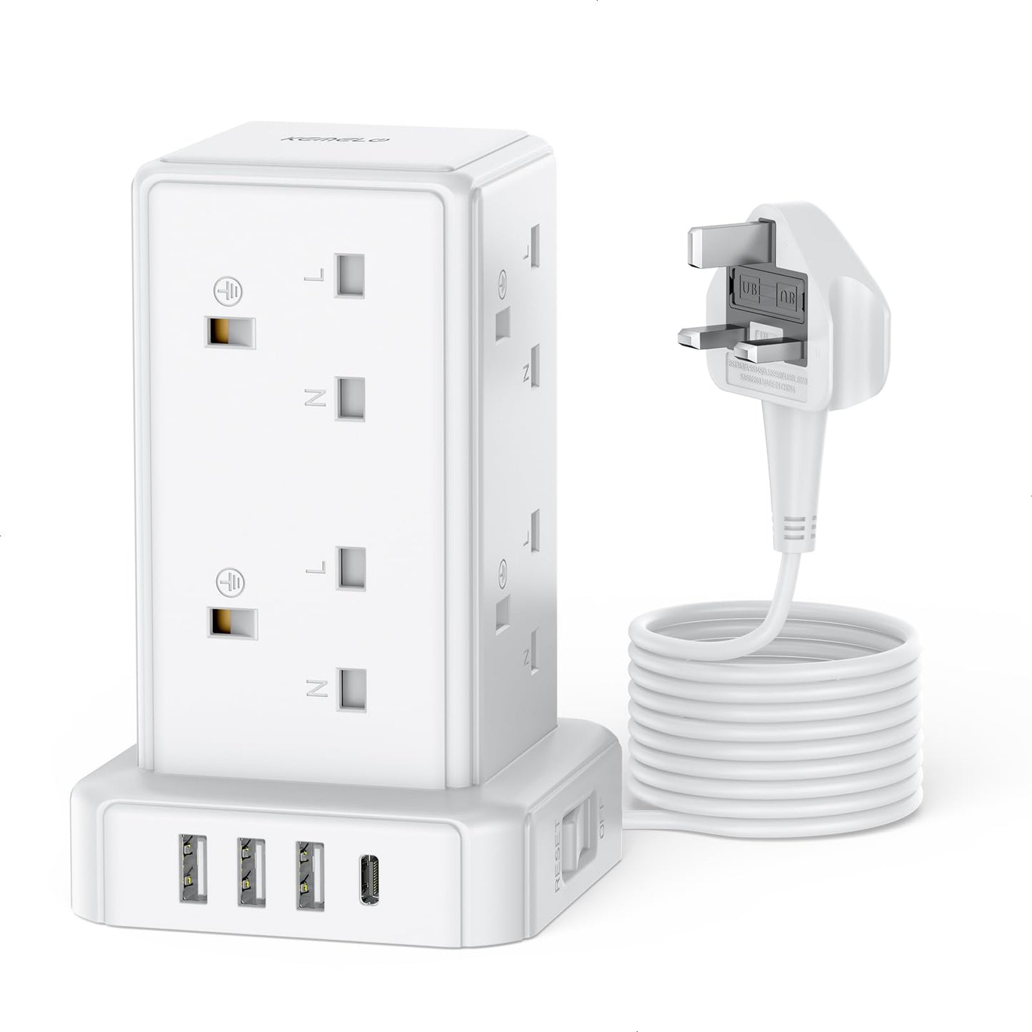 Tower Extension Lead with 8 Way Multi Plug Extension Tower & 4 USB Ports (13A 3250W),Mini Power Strip with Switch, 2M Extension Cable Surge Protection