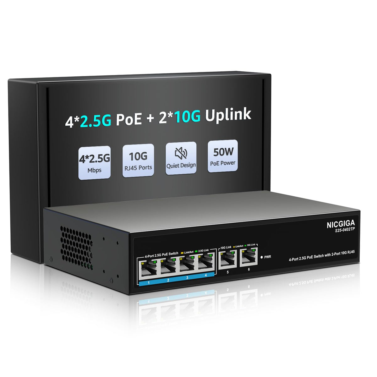 6 Port 2.5Gb PoE Switch Unmanaged with 4 Port 2.5G Base-T PoE+@65W + 2 x 10G RJ45 Uplink, NICGIGA 6 Port 2.5Gbe IEEE802.3af/at Power Over Ethernet