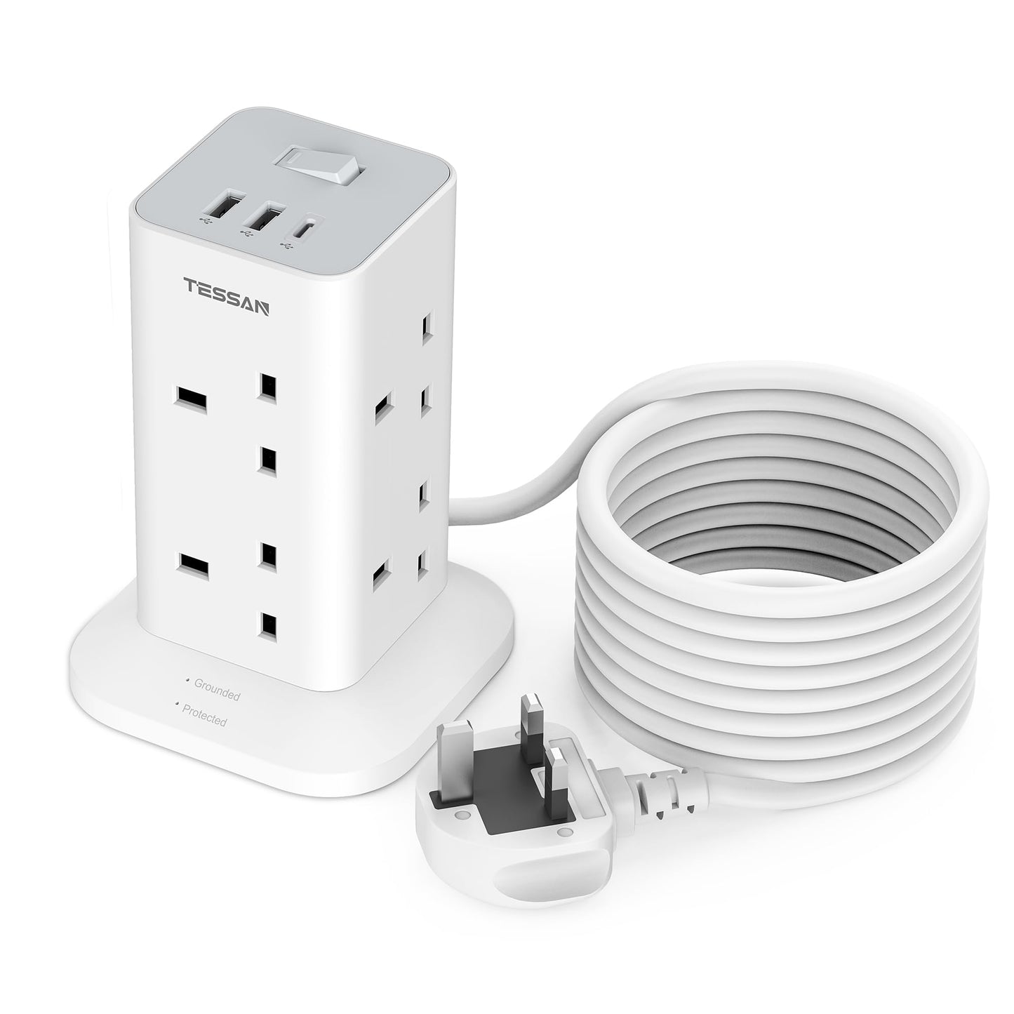 Tower Extension Lead 5M with USB C Slots, TESSAN Surge Protected 8 Way Multi Plug Adaptor, 3 USB Plug Power Strip with Switch, Long Extension Cable