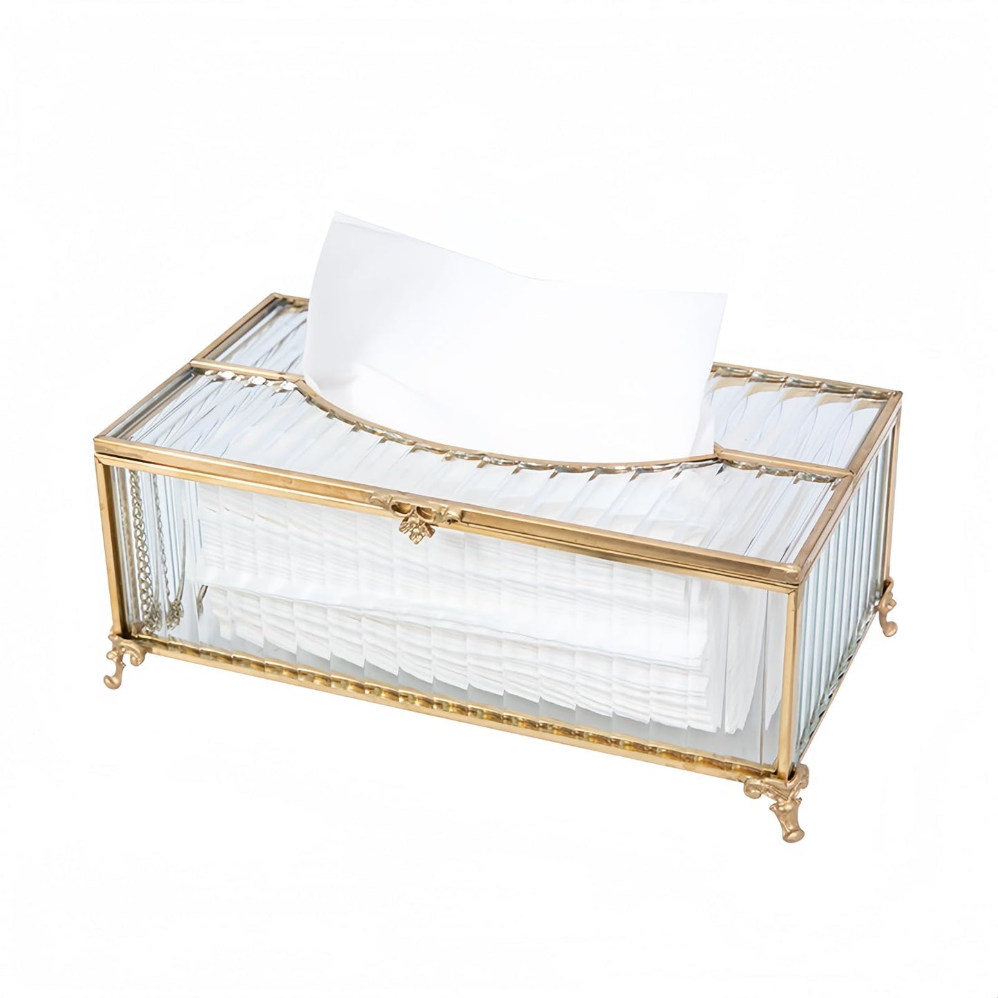 SLHEQING Art Deco Glass & Brass Rectangular Tissue Box, Gold, 23 x 13 x 10 cm, 200 Tissue Capacity