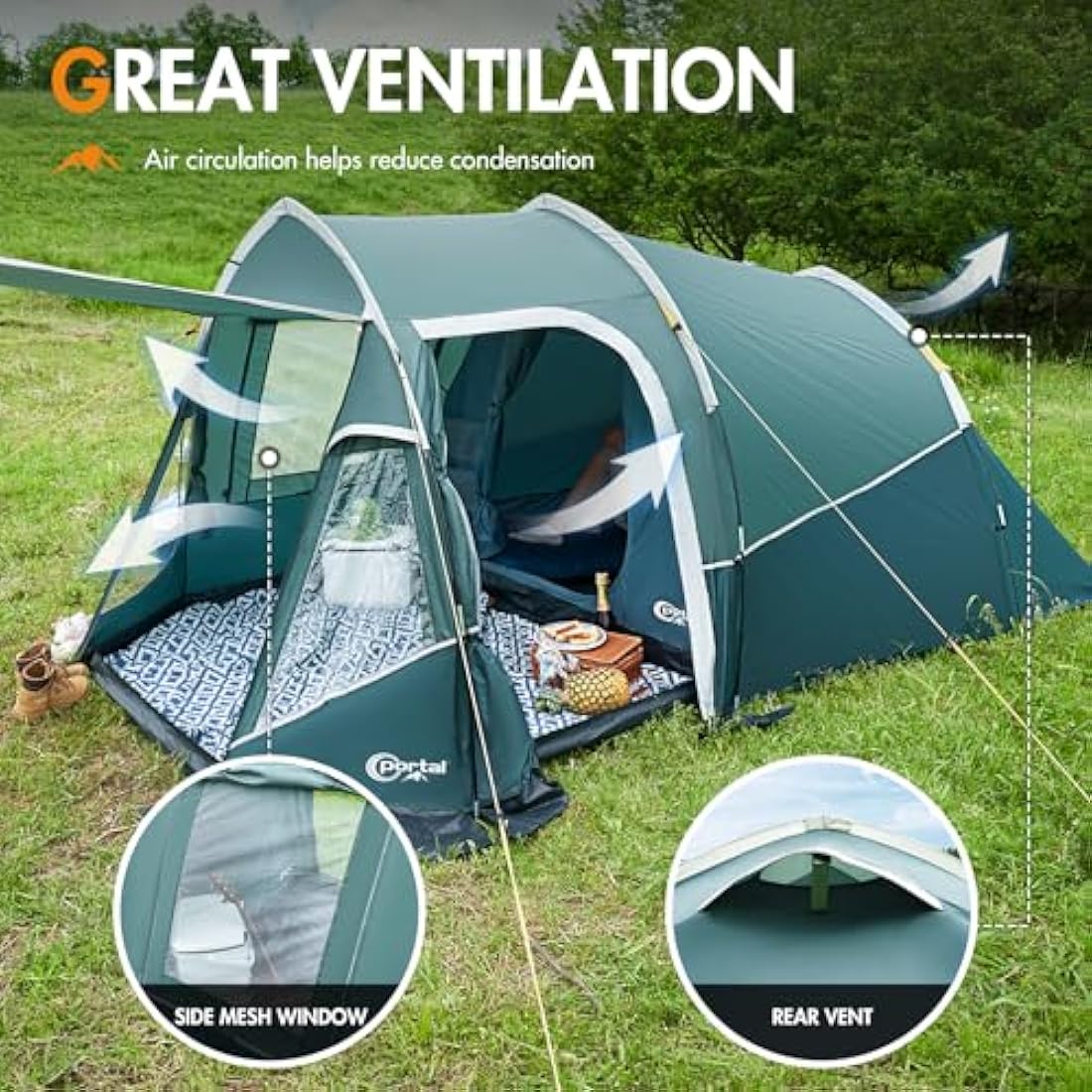 Portal 2-3 Man Tent Luxury 3000mm Waterproof with Porch Awning 3 Person Camping Tent with Sewn-in Groundsheet 2 Man with Bedroom Lightweight Tunnel for Festival Outdoor Hiking