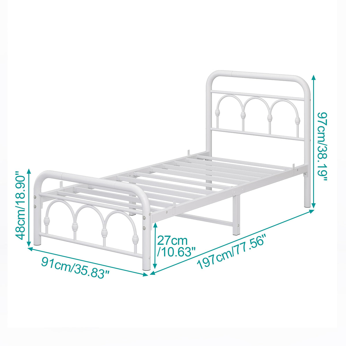 MUZERUL 3ft Single Bed Frame with Headboard(90x190cm),Metal Arched Single Size Bed Base with Footboard,Heavy Duty Metal Platform,Steel Slat
