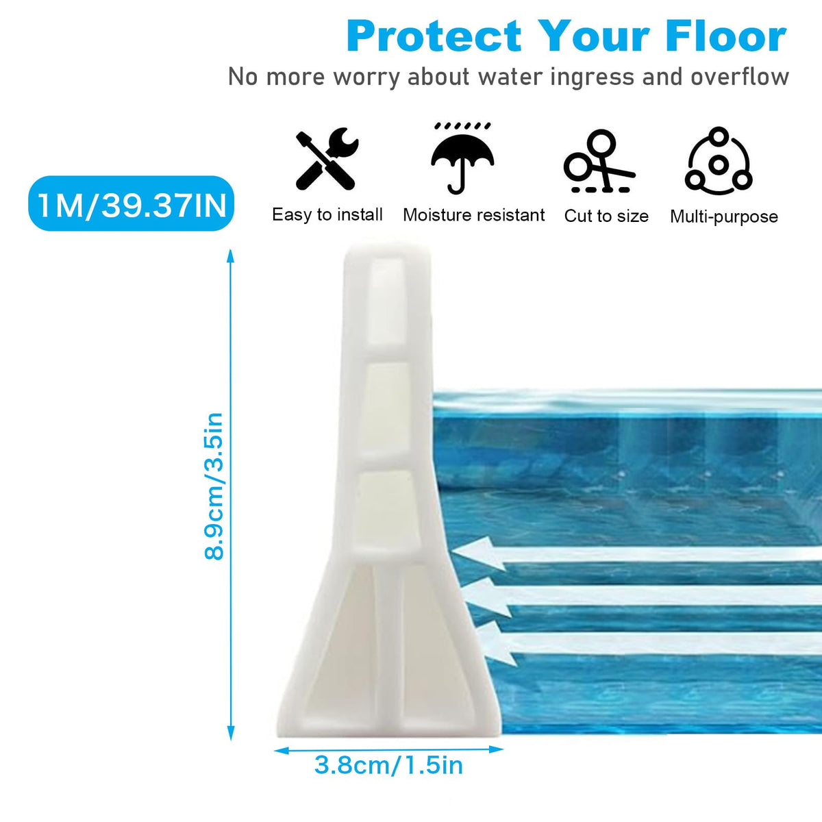 1M Wet Room Floor Barrier, 8.9cm Height TPE Curved Shower Threshold Water Barrier, Wet Room Shower Seal Strip