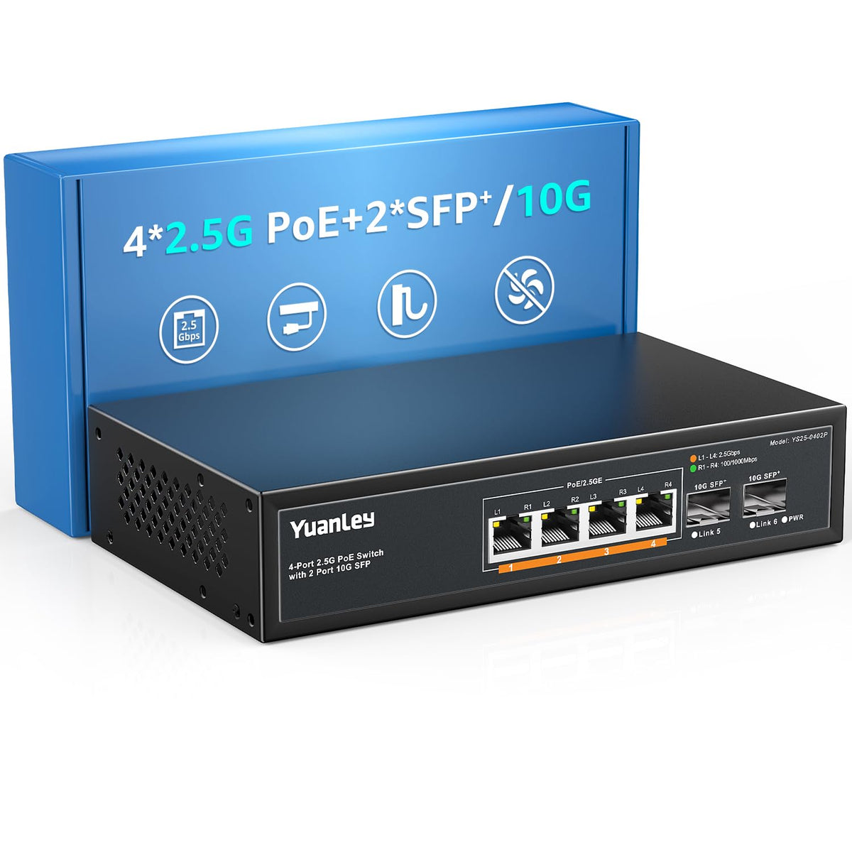 YuanLey 6 Port 2.5G PoE Switch Unmanaged, 4 x 2.5G Base-T PoE Ports, 2 x 10G SFP, IEEE802.3af/at, 78W, Compatible with 100/1000/2500Mbps, VLAN