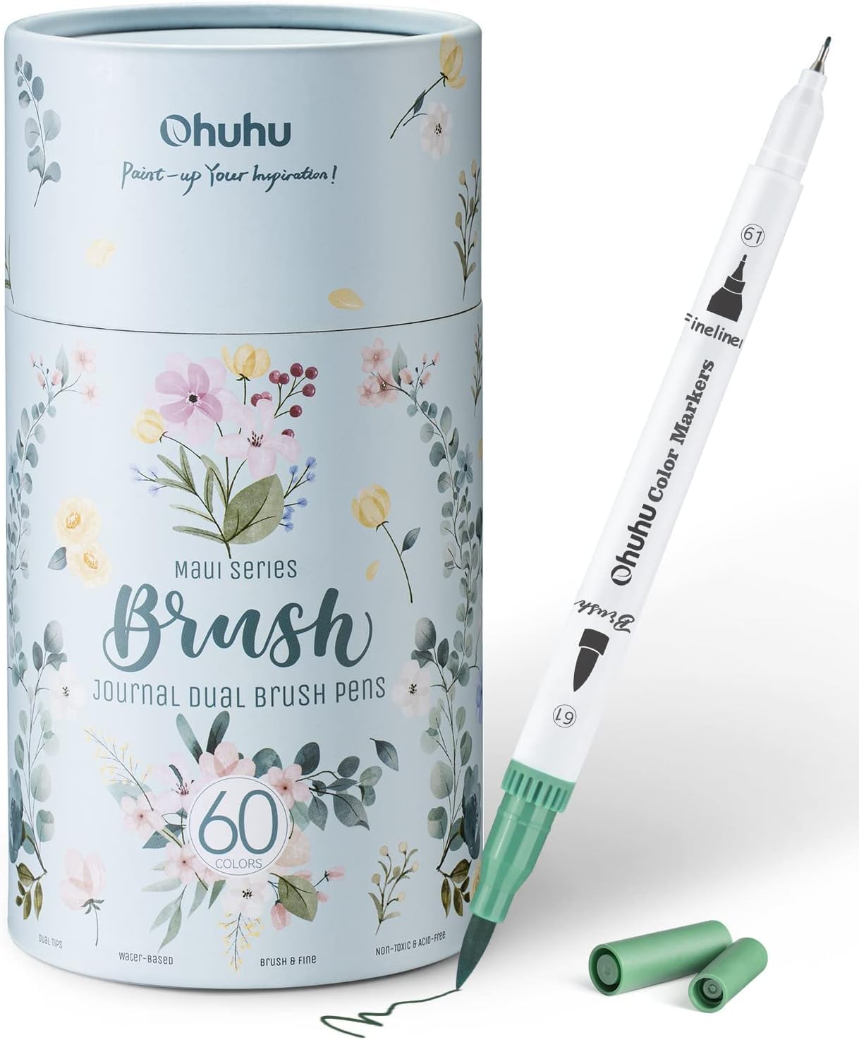 Ohuhu Colouring Pens, 60 Dual Tip Brush Pens Water-Based Art Markers with Fineliner for Adults Colouring Book Drawing Calligraphy Sketching Journal,