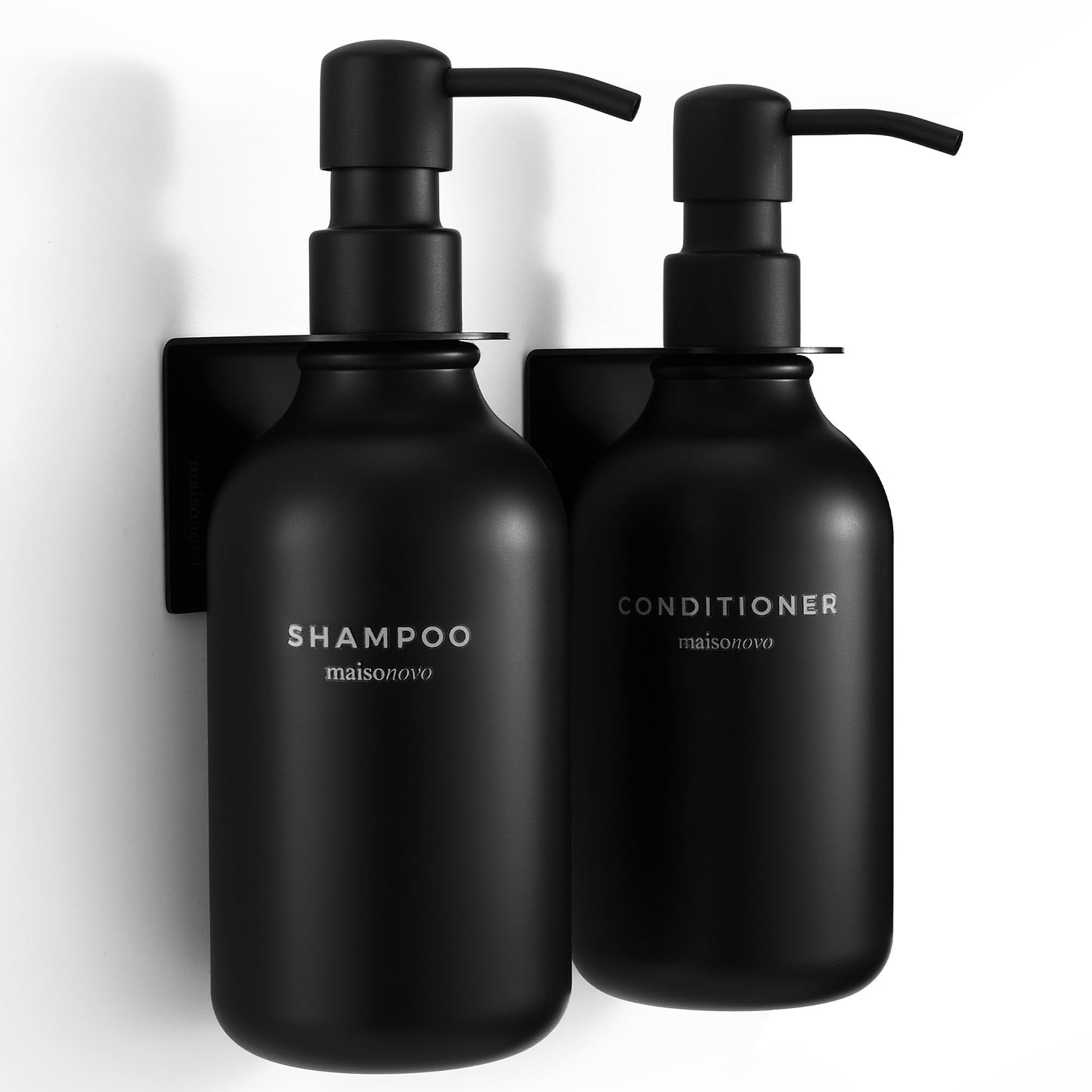 MaisoNovo Shampoo and Conditioner Dispenser - Shower Soap Dispenser Wall Mounted - 500 ml Set of 2 Black Plastic Bottles Black Pumps - 2 Chamber No
