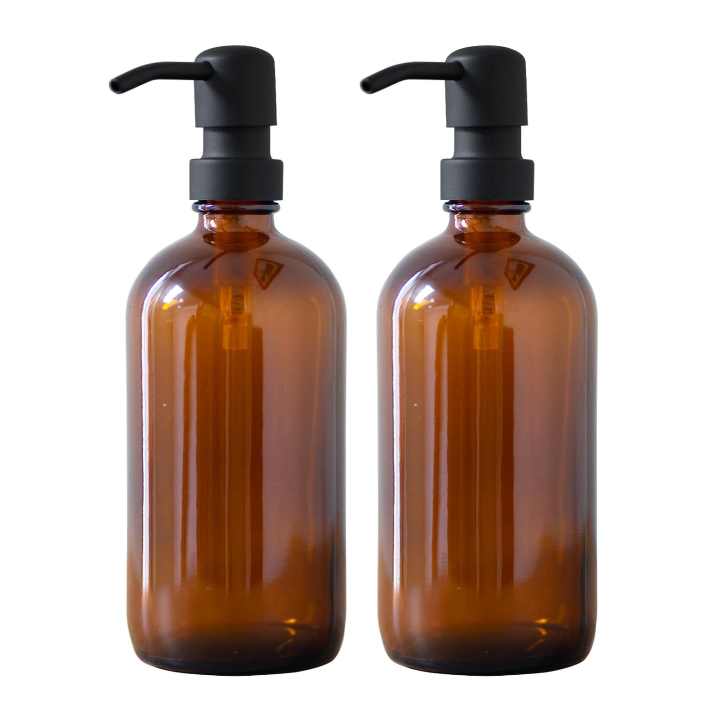 VAKOWOO 2 Pack Amber Glass Soap Dispenser with Stainless Steel Pump, 500ml Refillable Hand & Dish Soap Dispenser for Bathroom, Kitchen, Laundry Room