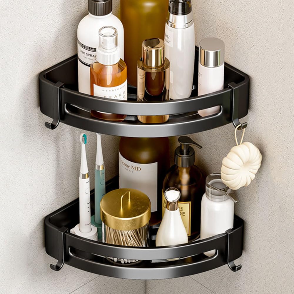 Athyior 2PCS Corner Shower Shelf Self Adhesive and Drilling - Rustproof Shower Caddy Aluminium Shelves No Drill/Screw-in Wall Mounted Organiser for