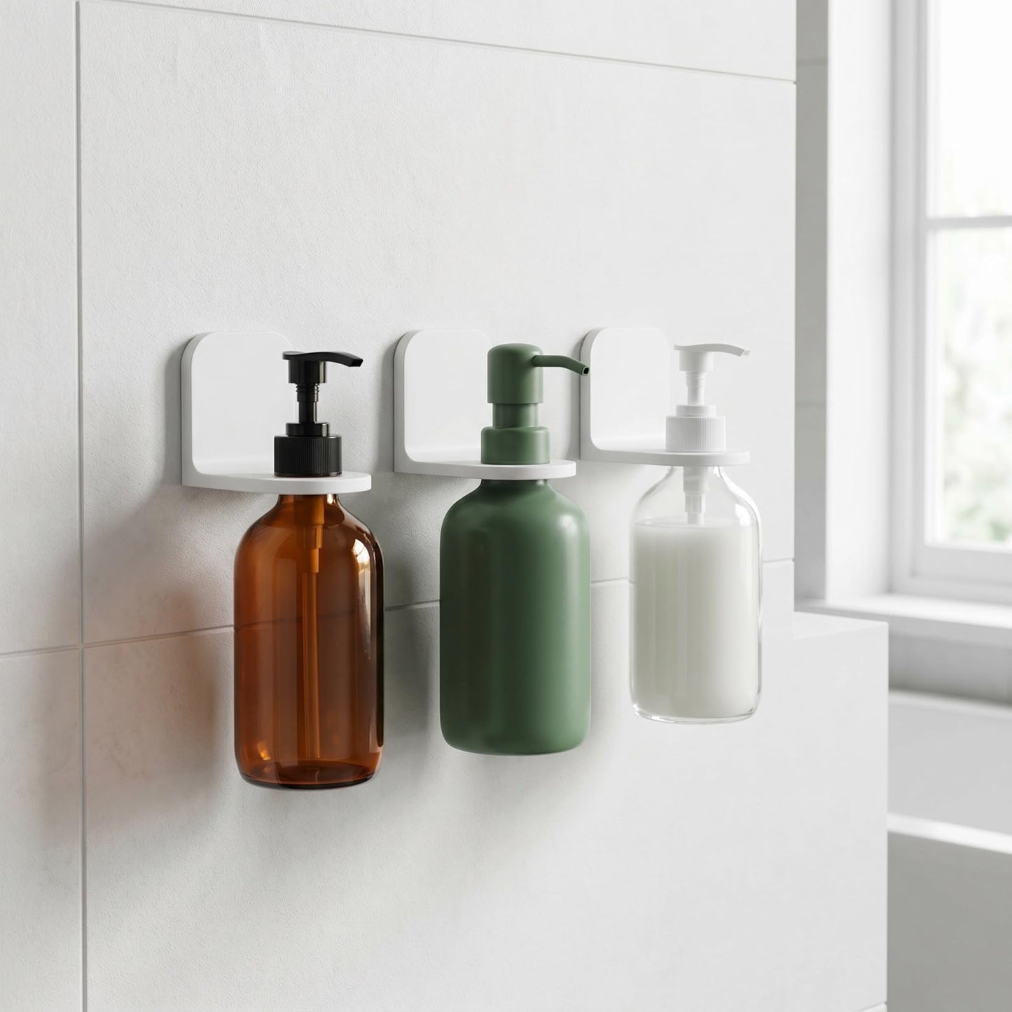 Toyvian 3pcs No Drilling Soap Bottle Dispenser Holder Hooks Wall Mount Shampoo Lotion Holder for Bathroom Kitchen Hotel Strong Adhesive Compatible