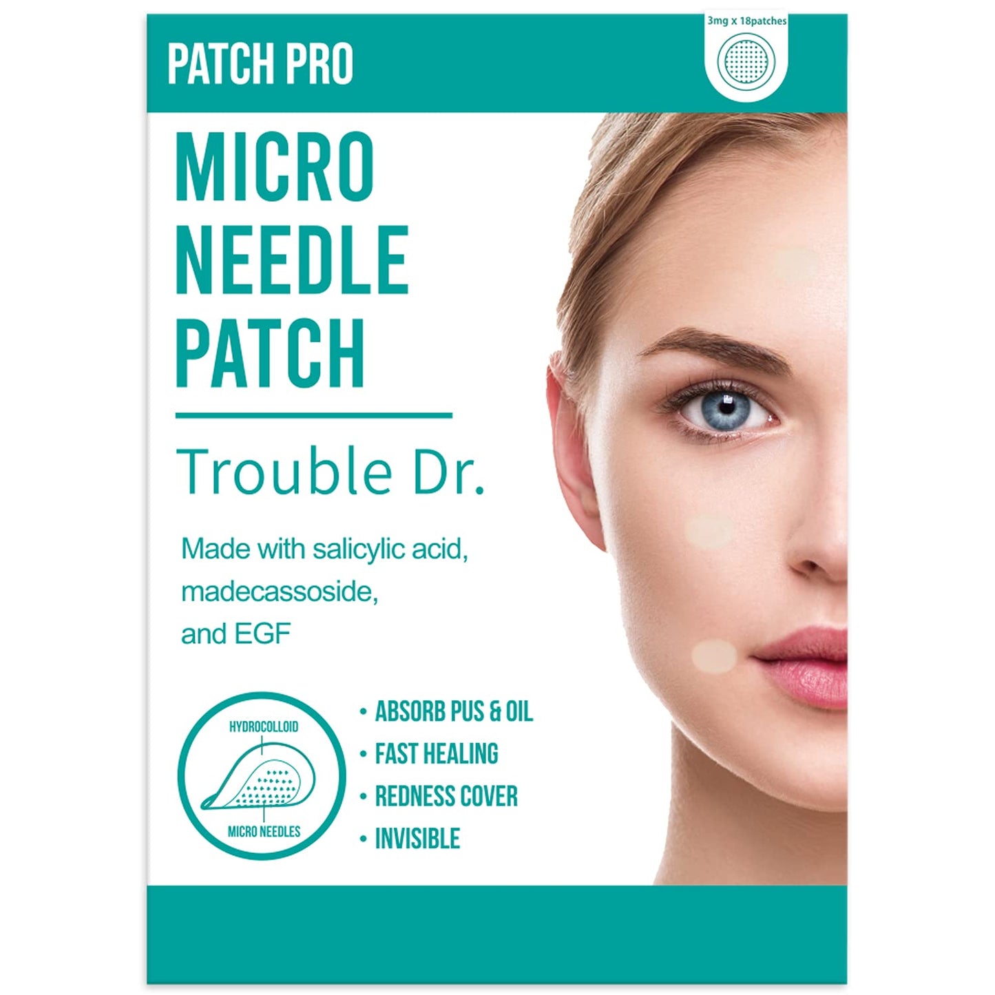 PATCH PRO MICRO NEEDLE PATCH Trouble Dr. 18pcs, microneedle for pimple patches, spot treatment, breakouts, absorb impurities, invisible spot patches,