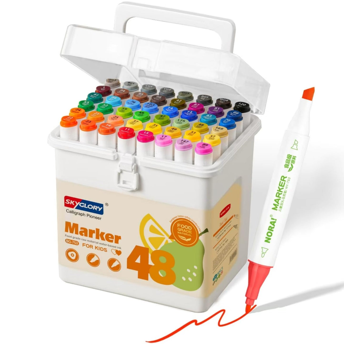 SKYGLORY 48 Colours Washable Water-Based Ink Marker Set, Dual Tip Colouring Marker Pens, Art Beginners Felt Tip Painting Pens for Drawing Journaling
