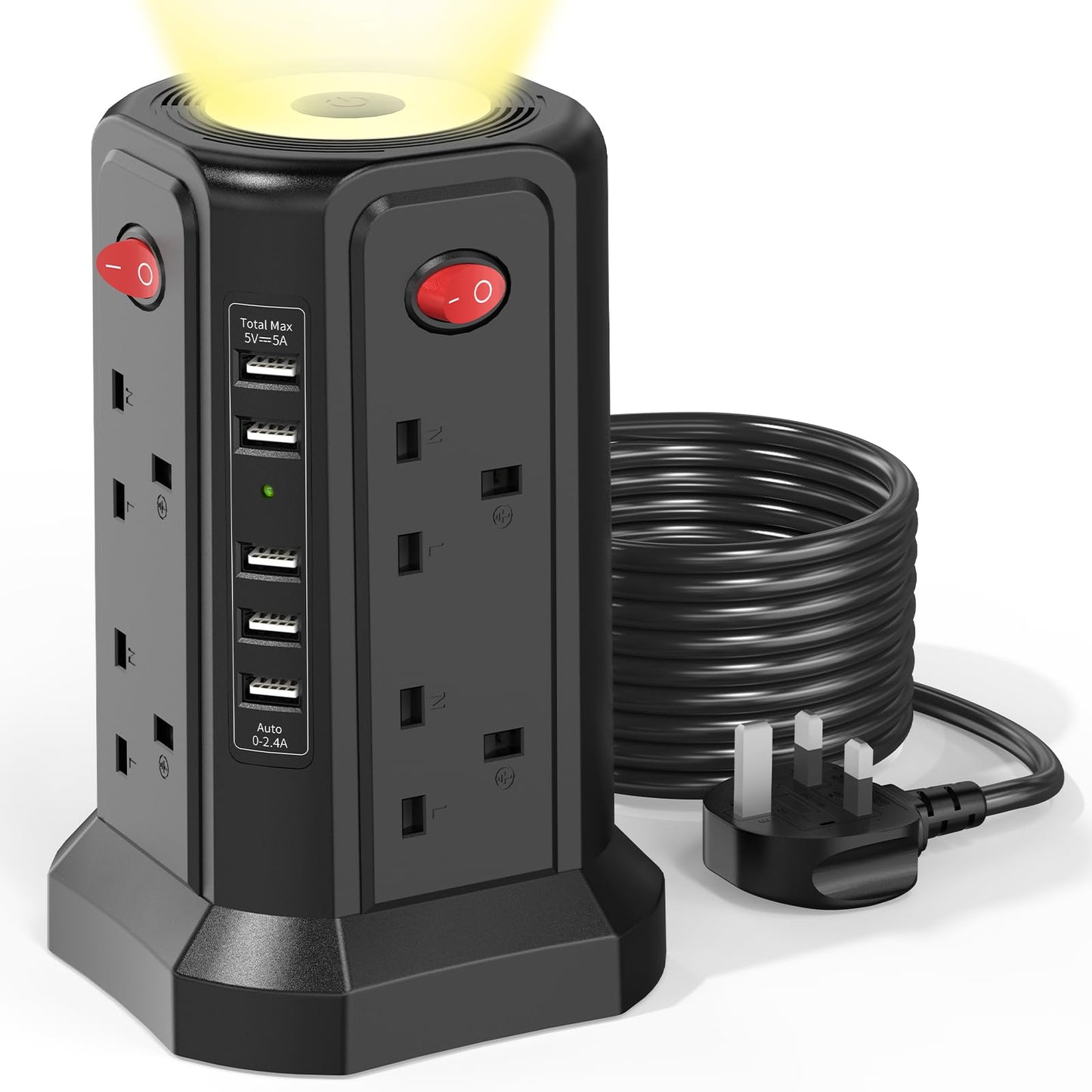 Tower Extension Lead 3M with USB Slots and Night Light, (13A 3250W) 5 USB Ports & 8 Way Socket Extension Tower, Surge Protected Extension Lead with 4