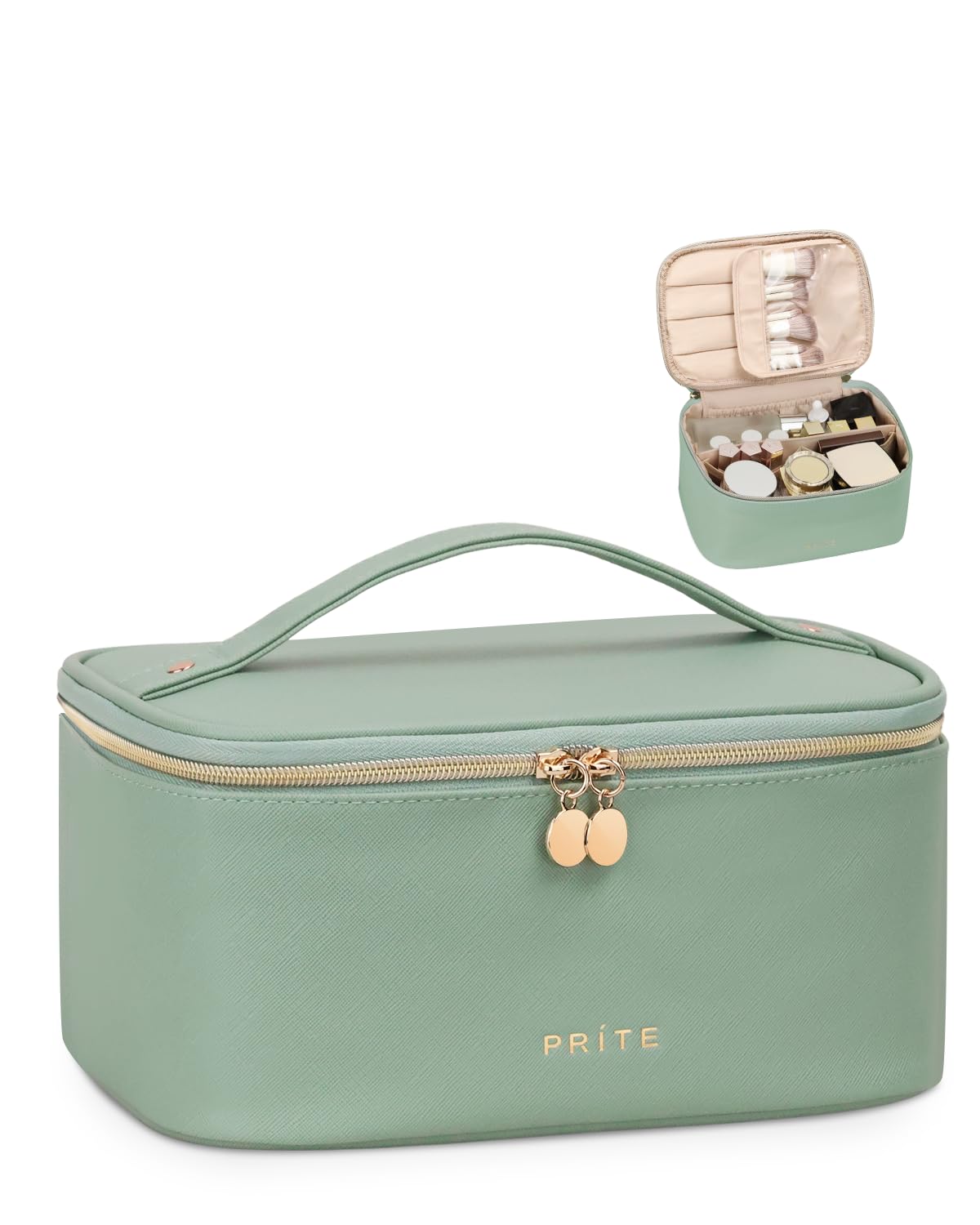 Prite Large Makeup Bag for Women Travel Cosmetic Case Waterproof Leather Toiletry Bag Portable Make Up Organiser Pouch with Handle and Removable