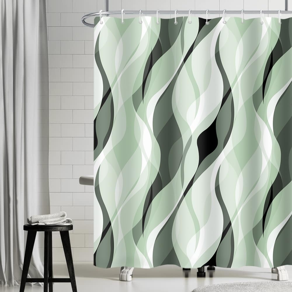Uiiooazy Sage Green Shower Curtain, Abstract Geometric Striped Bath Curtain Anti-Mould Waterproof Washable Polyester Fabric Bathroom Curtain with 12