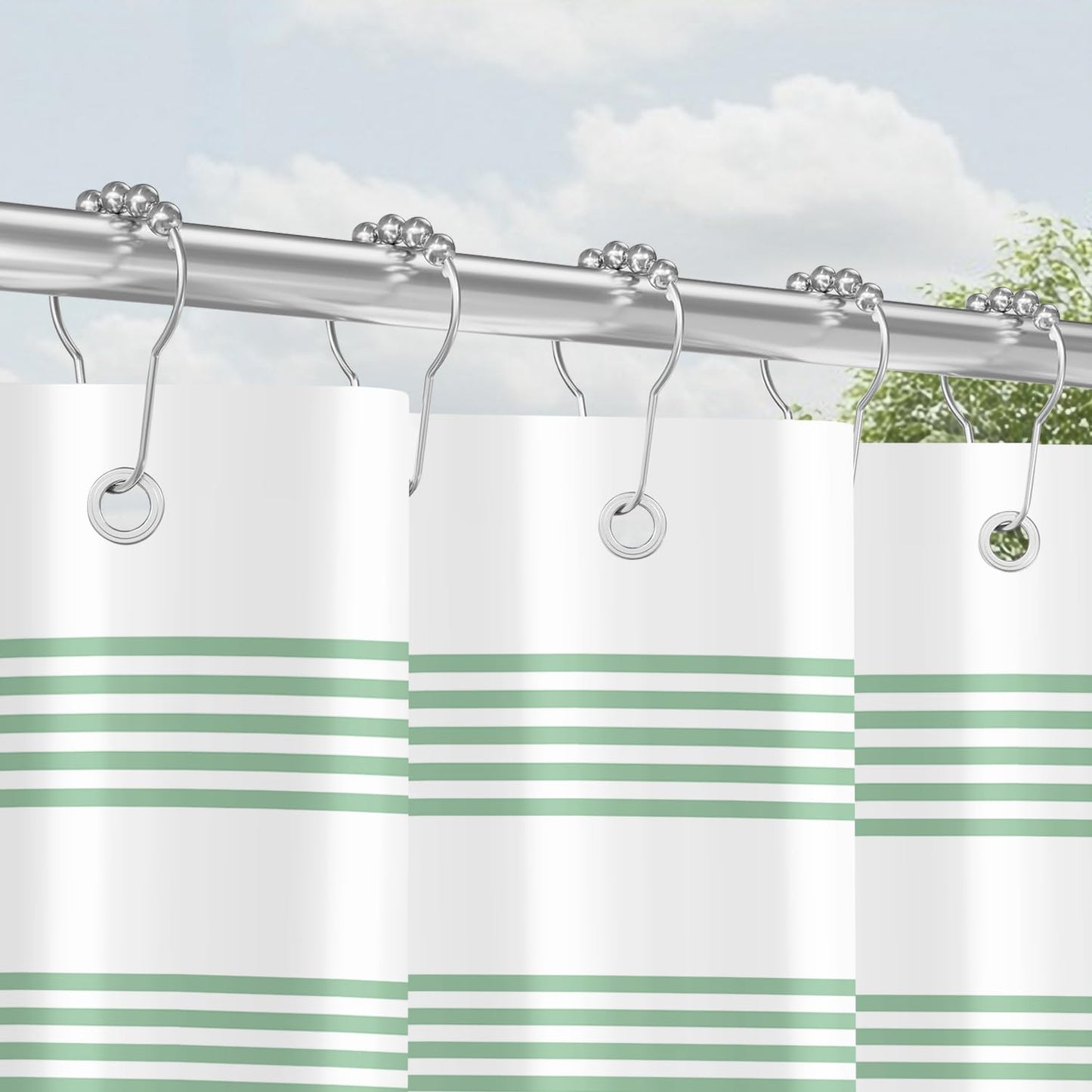 Shower Curtain, 180 x 200 cm, Light Green Striped Design, Weighted Hem, Anti-Mould Textile, Water-Repellent, Washable Polyester Bath Curtains with
