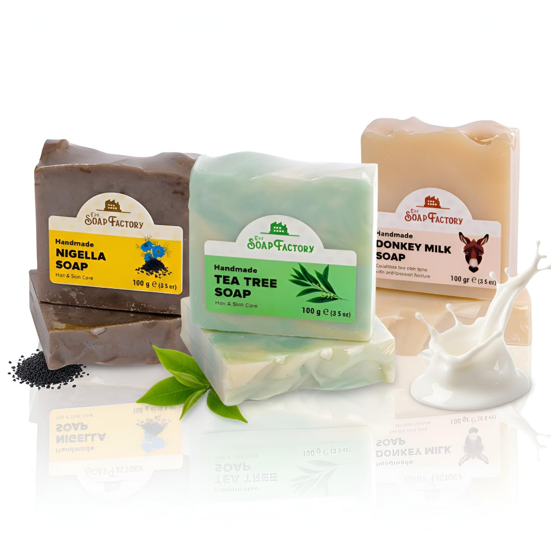 Natural Handmade Soap Gift Set (3 Pack) ? Donkey Milk, Nigella Seed Oil & Tea Tree Bars ? Hydrating, Anti-Acne & Nourishing Natural Skincare for Face