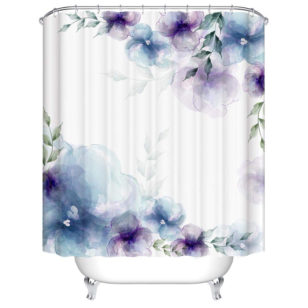 BOYOUTH Blue and Purple Ink Paintings Pattern Digital Print Shower Curtains for Bathroom Decor,Polyester Waterproof Fabric Bath Curtain with 12