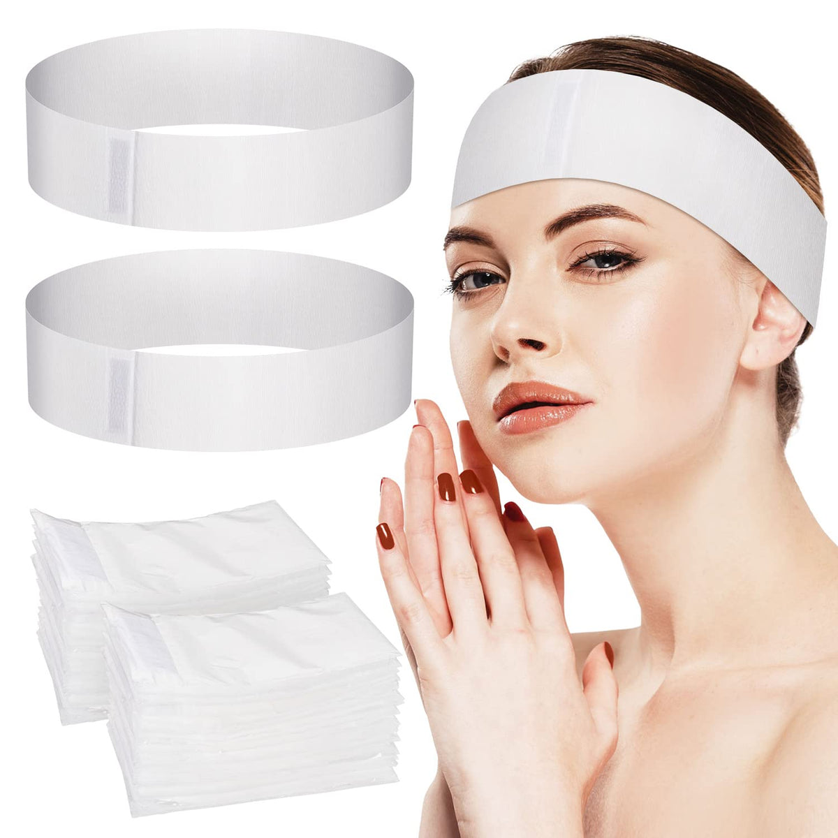 Noverlife 100PCS Disposable Spa Facial Headbands, Elastic Headband Wrap with Adjustable Magic Tape, Stretch Non-Woven Facial Bandeau, Soft Skin Care