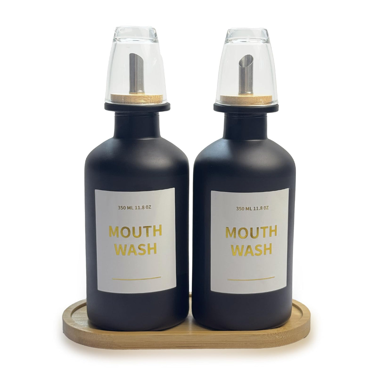 Hniuyun 11.8 oz Glass Mouthwash Dispenser for Bathroom with Bamboo Tray & Steel Nozzle - Reusable Cup, Gold Accents, Countertop Decor