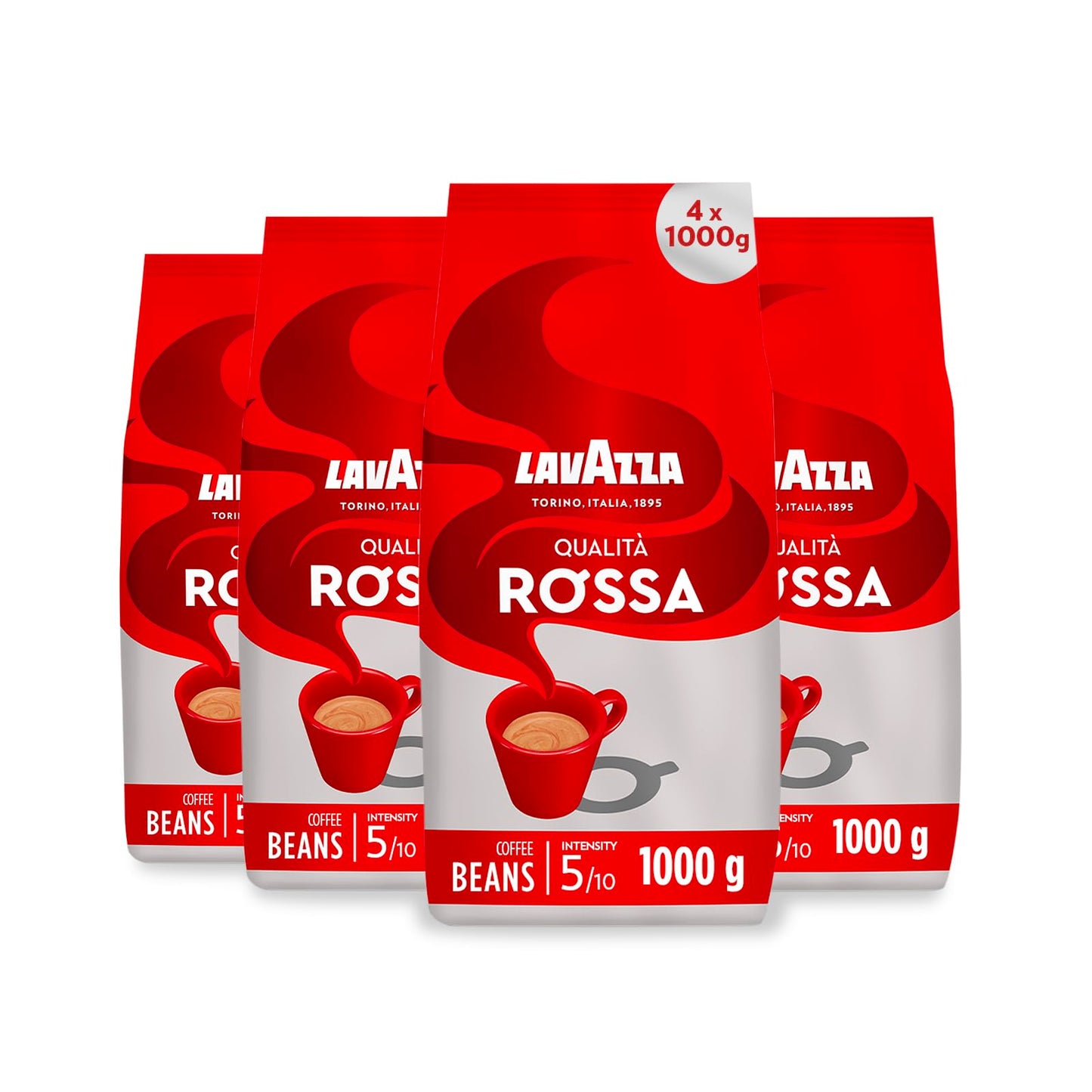 Lavazza, Qualit? Rossa, Coffee Beans, 4 Packets of 1 kg, with Aromatic Notes of Chocolate and Dried Fruit, Arabica and Robusta, Intensity 5/10, Medium