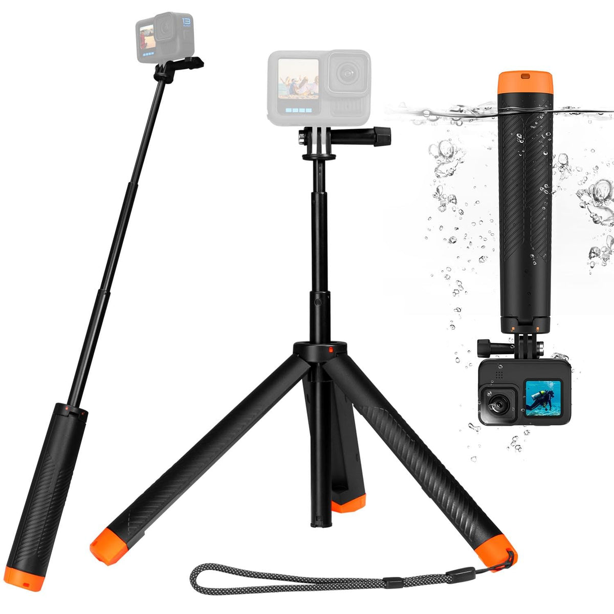 Floating Hand Grip for Go Pro,Selfie Stick Floating Hand Grip Tripod Waterproof Extendable Selfie Monopod for GoPro Hero 13, 12, 11, 10, 9, 8, 7, 6,