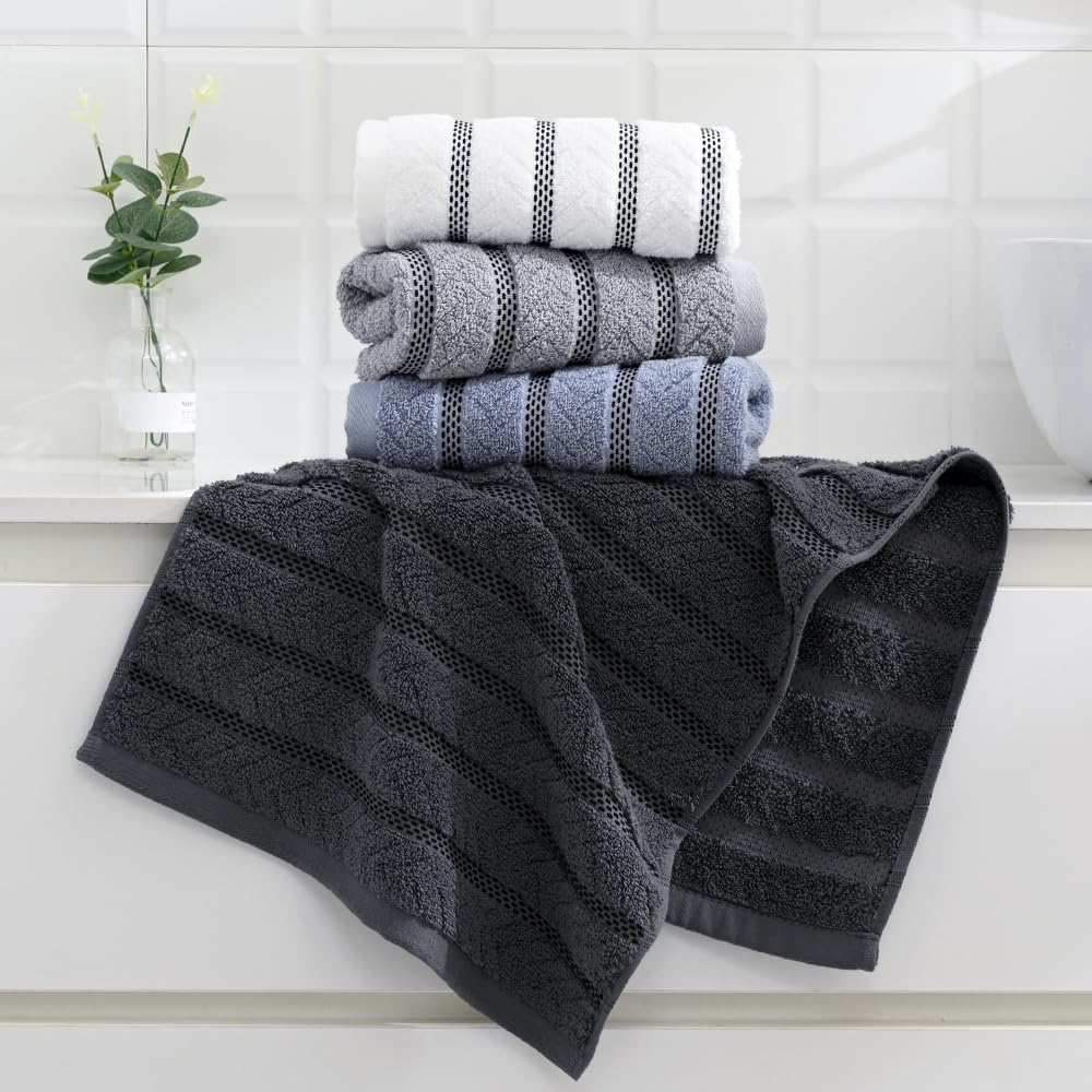 sense gnosis Blue Hand Towels Super Soft Jacquard Ribbed Striped Pattern 100% Cotton Absorbent Decorative Hand Towel for Bathroom 13 x 29 Inch, 2 Pack
