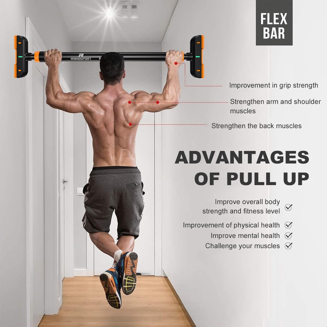 RHINOSPORT Door Pull Up Bar Doorway Chin Up Bar from 69-92 cm (27.2in-36.2in) Workout Equipment No Screws