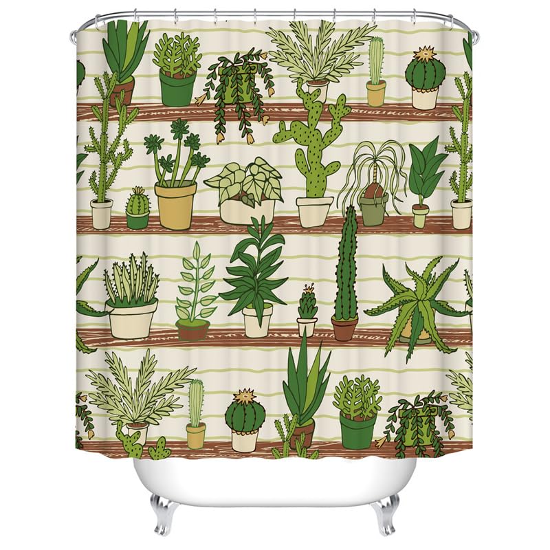 Tropical Green Succulent Plant Shower Curtain, Botanical Potted Plant Cactus Bathroom Curtain with 12 Hooks for Home Hotel Decoration