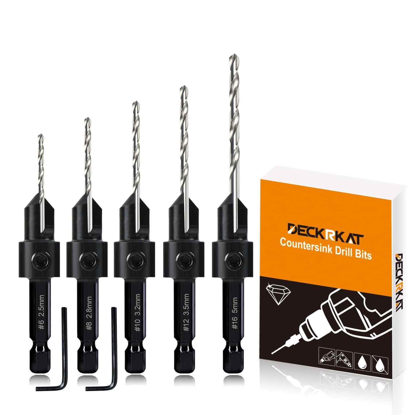 5 Pack Woodworking Countersink Counterbore Drill Bit Set 3in1 for #6 8 10 12 16 Screws,6542 Pilot Drill Bits Adjustable Depth, 82-Degree Chamfer with