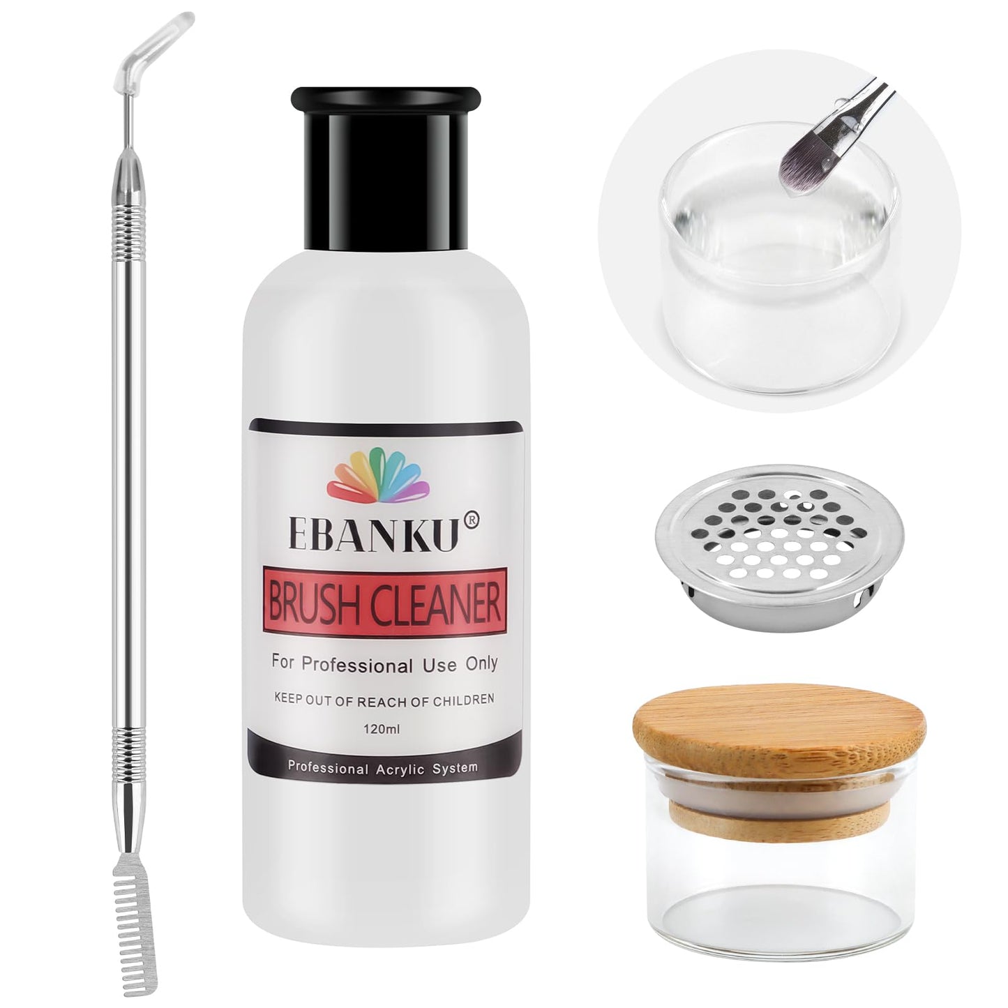 EBANKU 120ml Acrylic Nail Brush Cleaner, 3 in 1 Nail Art Brushes Conditioner Nail Brush Clean Solution Quickly Clean With Glass Cup and Scrub Brush
