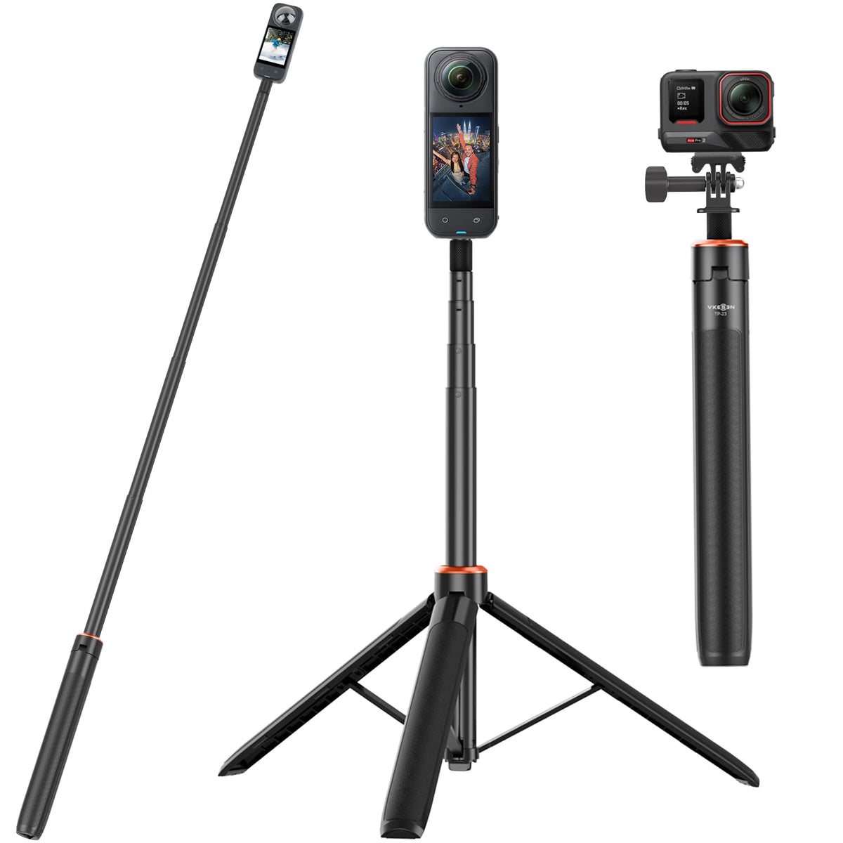 2-in-1 Selfie Stick Tripod for Insta 360 X5/X4/X3/ONE X2/ONE X/Ace Pro/ONE RS(1-Inch 360 excluded)/GO 3/GO 2, DJI Osmo 360, Action Camera Extendable