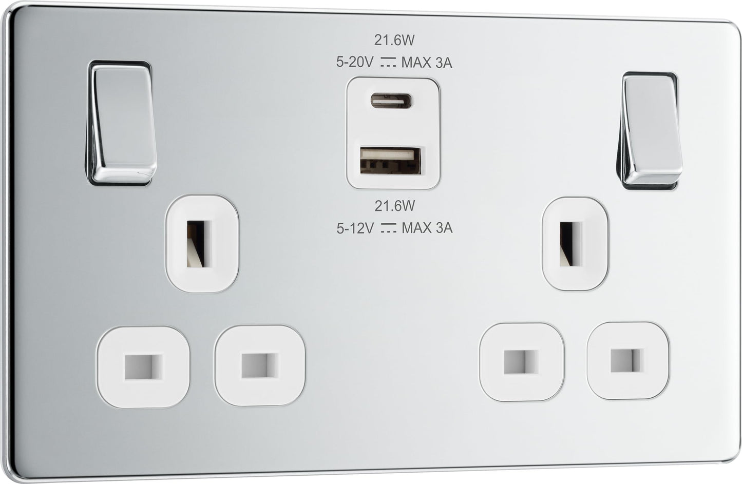 BG Electrical 22W Double Switched Power Wall Plug Socket with Fast Charge Type A and C USB Ports, Screwless, Flatplate, Polished Chrome, White