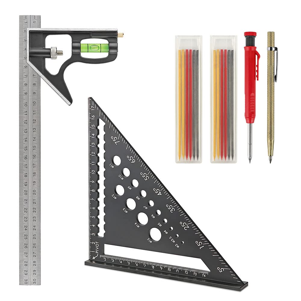 Carpenter Square Set, Set Square Tool incl 12inch/300mm Combination Square with Spirit Level, Speed/Rafter Square 180mm/7inch, Carpenter Pencil with