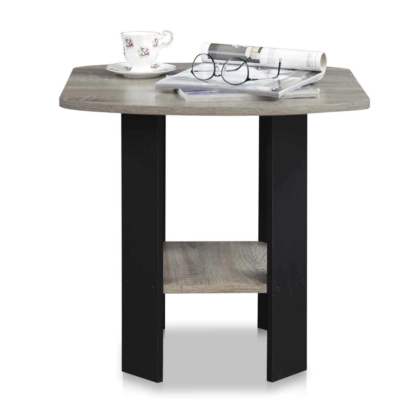 Furinno MODERN Grey Side Table, Round Corner End Table with 1-Tier Storage Shelf, Night Stand, Bedside Table, for Living Room, Bedroom, Grey Oak