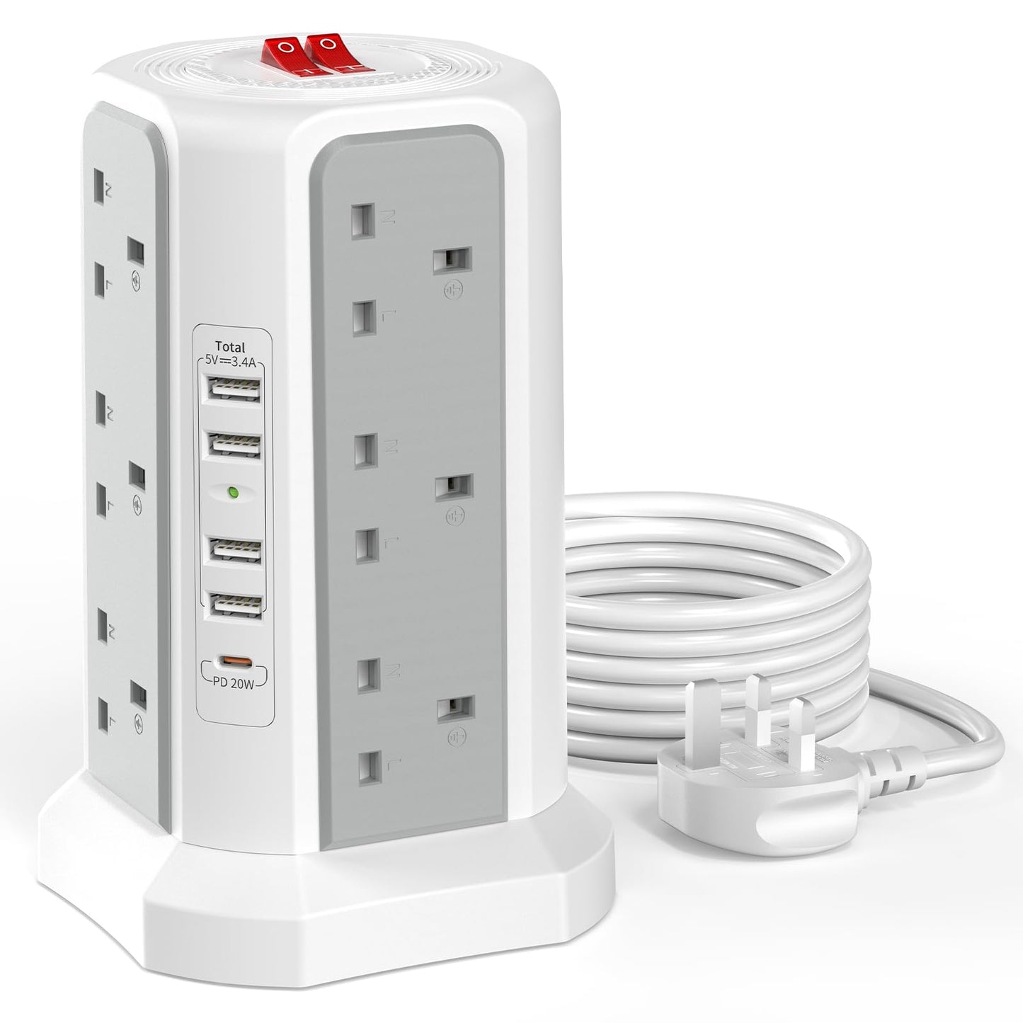 Tower Extension Lead 3M with 5 USB Slots and 20W USB C Fast Charger (13A 3250W), HAFINO 12 Way Plug Extension Tower, Surge Protected Extension Lead